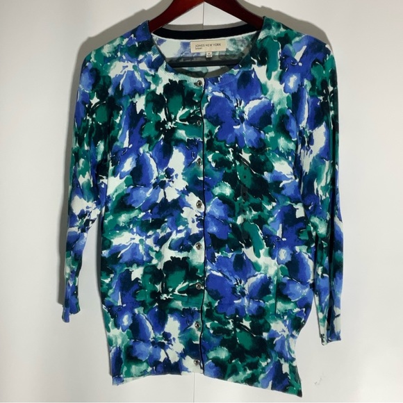 Jones New York Blue Green White 3/4 Sleeves Button Up Sweater Round Neck Size M - Picture 16 of 16